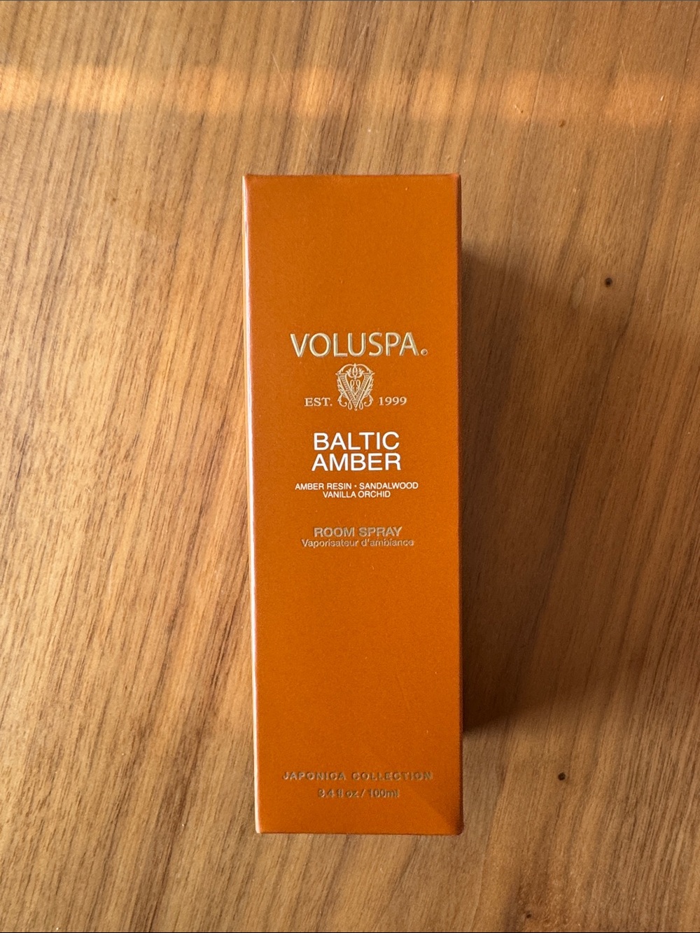 Voluspa Baltic Amber Room Spray — Vibrant Orange Box